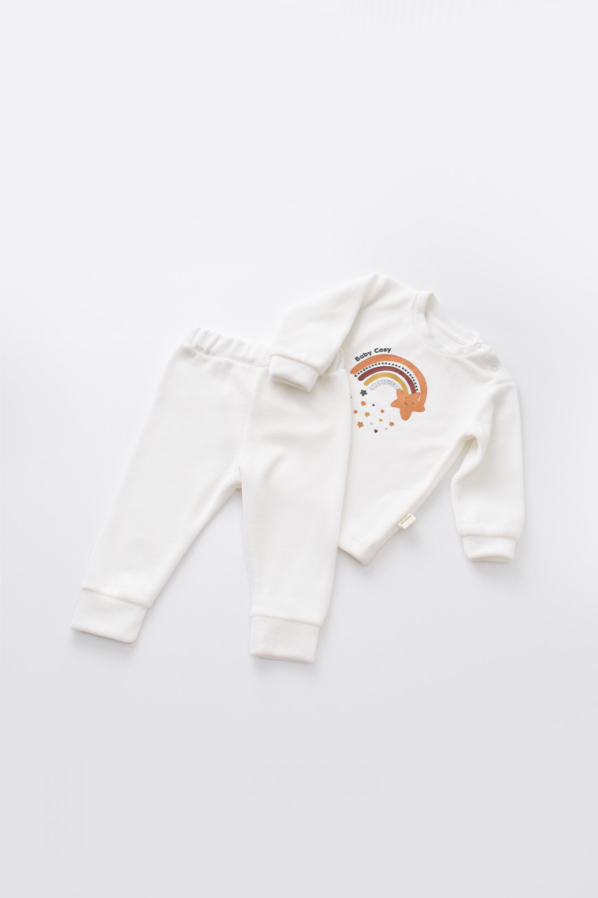 Set Curcubeu cu bluzita cu maneca lunga si pantaloni lungi din 80%bumbac organic si 20% poliester - Ecru, BabyCosy - imagine 2