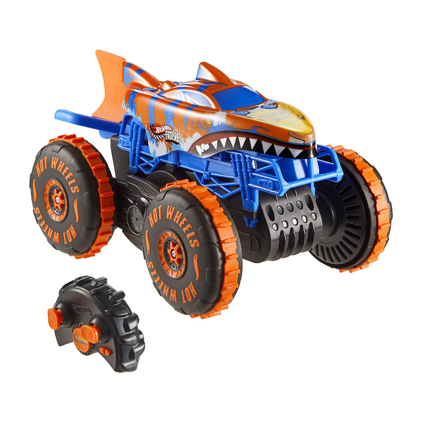 HOT WHEELS MONSTER TRUCK SHARKS VS DINOS MASINA CU TELECOMANDA TIGER SHARK CLIMBER - imagine 2