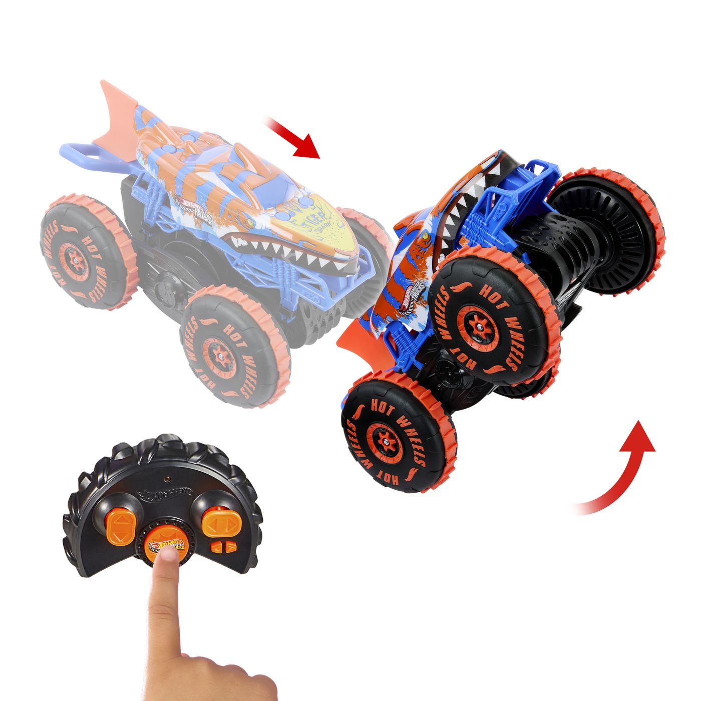 HOT WHEELS MONSTER TRUCK SHARKS VS DINOS MASINA CU TELECOMANDA TIGER SHARK CLIMBER - imagine 8