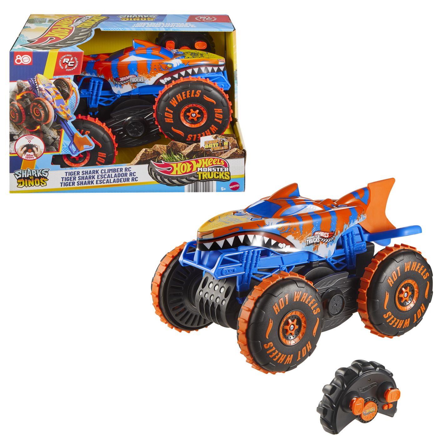 HOT WHEELS MONSTER TRUCK SHARKS VS DINOS MASINA CU TELECOMANDA TIGER SHARK CLIMBER - imagine 9