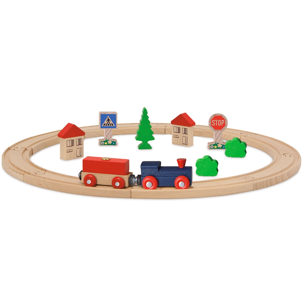 Set din lemn Eichhorn Tren albastru cu sina circulara si accesorii Set din lemn Eichhorn Tren albastru cu sina circulara si accesorii