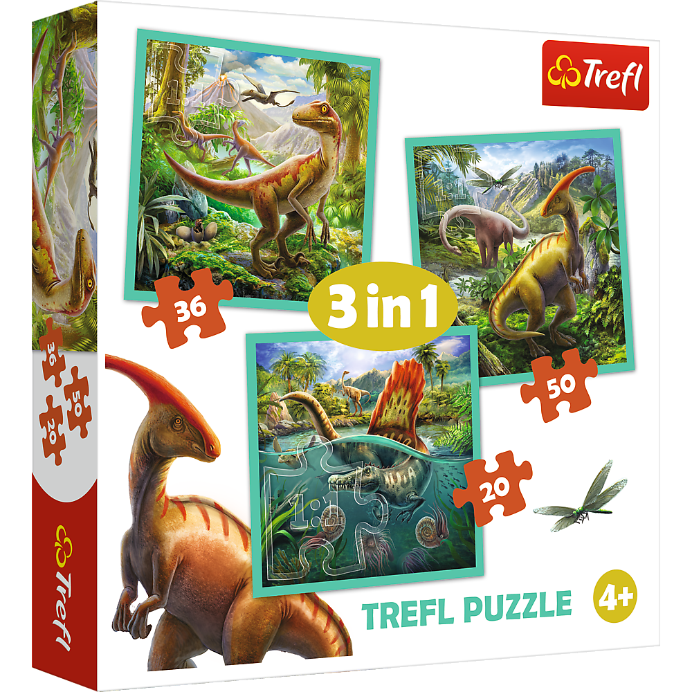 Set puzzle 3 in 1 Trefl Lumea extraordinara a dinozaurilor, 1×20 piese, 1×36 piese, 1×50 piese Set puzzle 3 in 1 Trefl Lumea extraordinara a dinozaurilor, 1×20 piese, 1×36 piese, 1×50 piese