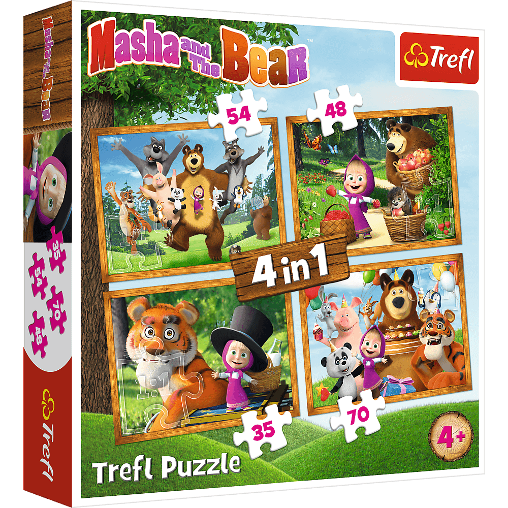 Set puzzle 4 in 1 Trefl Masha and the Bear, Aventurile lui Masha in padure, 1×35 piese, 1×48 piese, 1×54 piese, 1×70 piese Set puzzle 4 in 1 Trefl Masha and the Bear, Aventurile lui Masha in padure, 1×35 piese, 1×48 piese, 1×54 piese, 1×70 piese